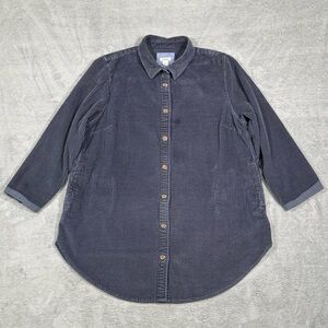 L.L.Bean Women L Gray Corduroy 3/4 Sleeve Shirt Button Front Cottagecore Classic